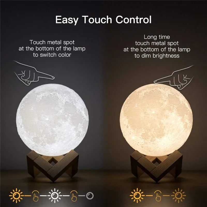 3D Print Moon Lamp Rechargeable 2 Color Touch Moon Lamp LED Night Light Children'S Night Lamp Bedroom Decoration Birthday Gifts