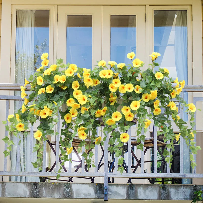 Artificial Vines Morning Glory Hanging Plants Fake Green Plant Home Garden Wall Fence Outdoor Wedding Hanging Baskets Decor