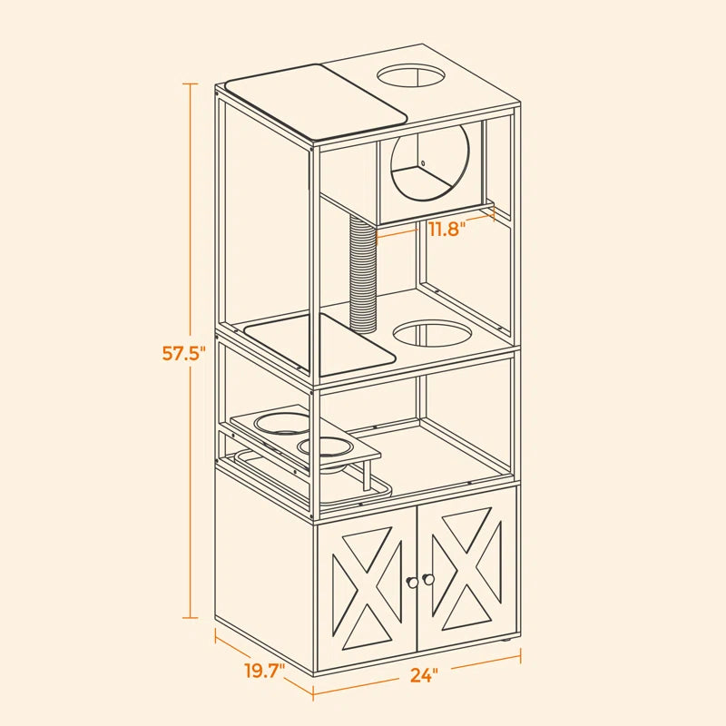 Kimmel 58" Cat Condo with Litter Box Enclosure and Elevated Bowls