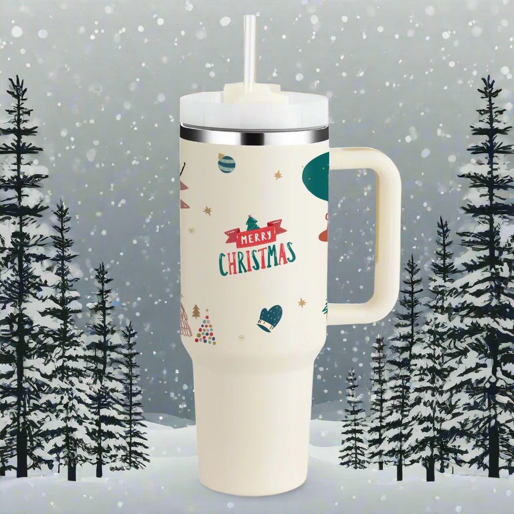 Christmas Thermal Mug 40Oz Straw Coffee Insulation Cup with Handle Portable Car Stainless Steel Water Bottle Largecapacity Travel BPA Free Thermal Mug