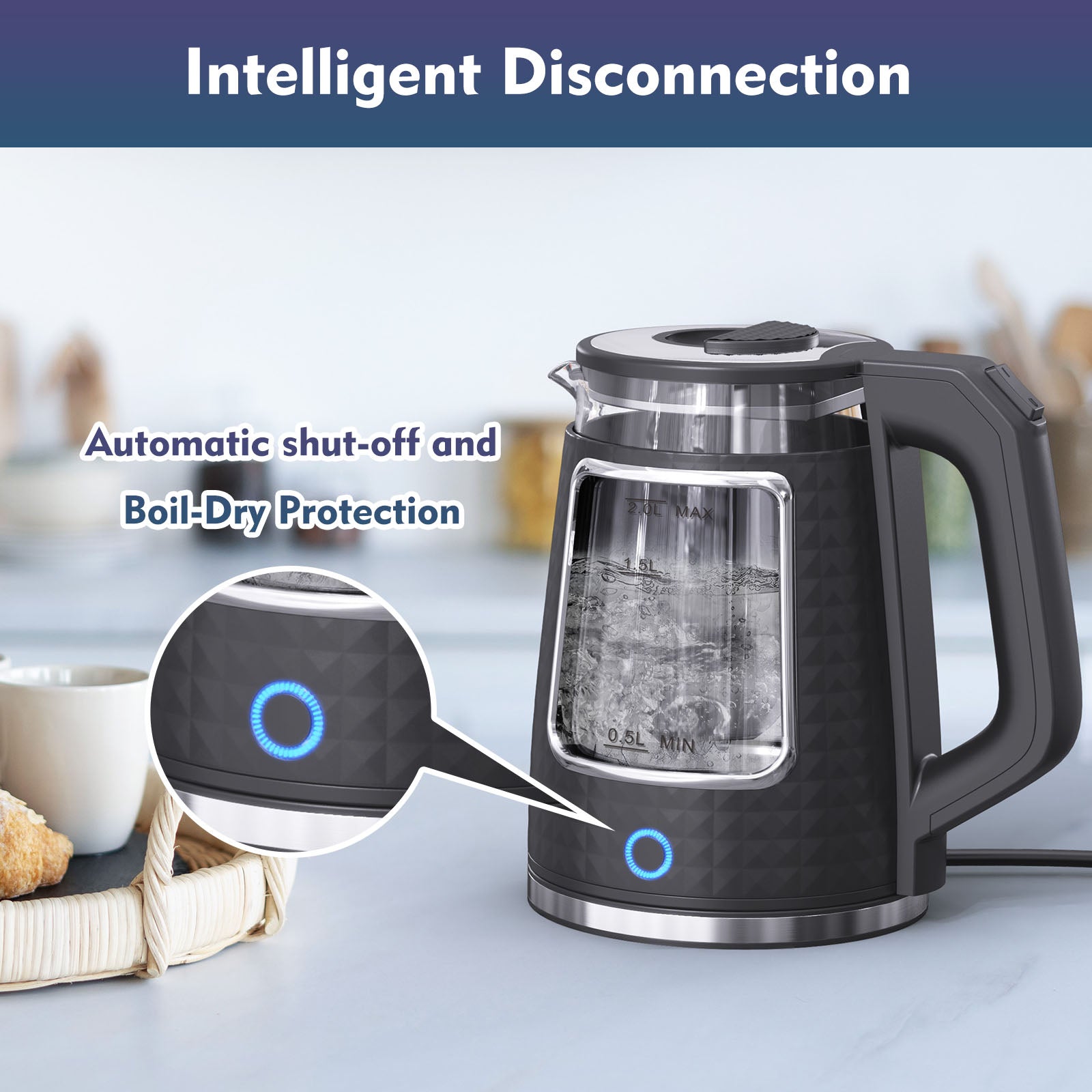 Electric Tea Kettle for Boiling Water, Food Grade Stainless Steel Base, 2.0L 1000W, Auto Shut-Off and Boil-Dry Protection, Wide Opening