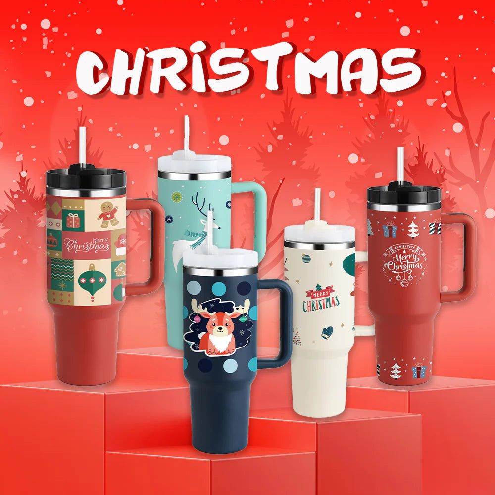 Christmas Thermal Mug 40Oz Straw Coffee Insulation Cup with Handle Portable Car Stainless Steel Water Bottle Largecapacity Travel BPA Free Thermal Mug