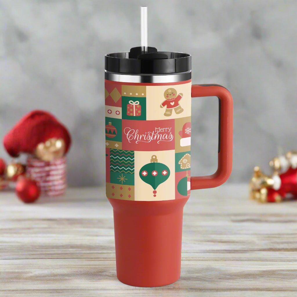 Christmas Thermal Mug 40Oz Straw Coffee Insulation Cup with Handle Portable Car Stainless Steel Water Bottle Largecapacity Travel BPA Free Thermal Mug