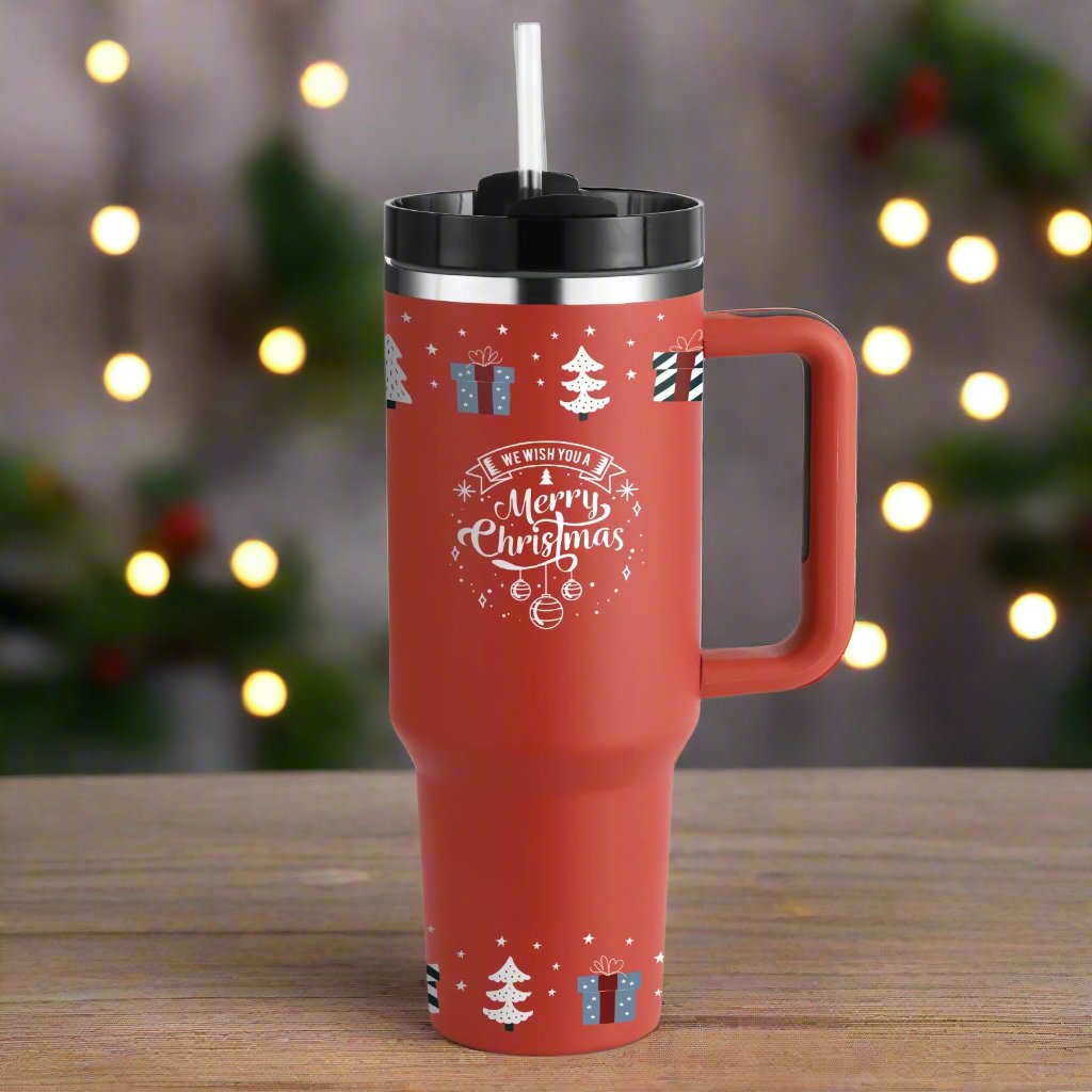 Christmas Thermal Mug 40Oz Straw Coffee Insulation Cup with Handle Portable Car Stainless Steel Water Bottle Largecapacity Travel BPA Free Thermal Mug